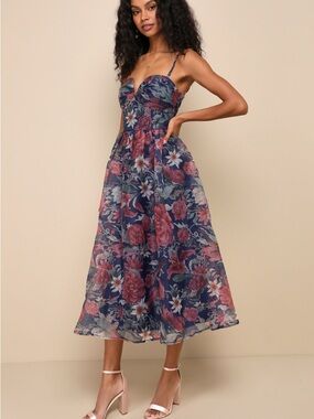 Cherished Aura Navy Blue Floral Organza Bustier Midi Dress